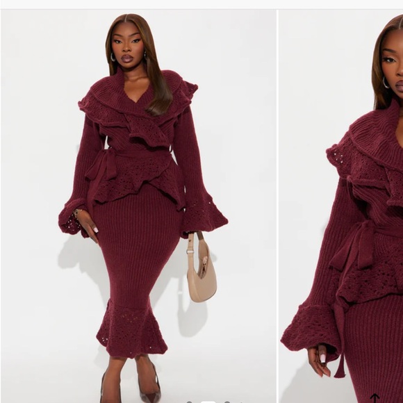 Martie Ruffle Sweater Maxi Skirt Set - Burgundy - Picture 4 of 4